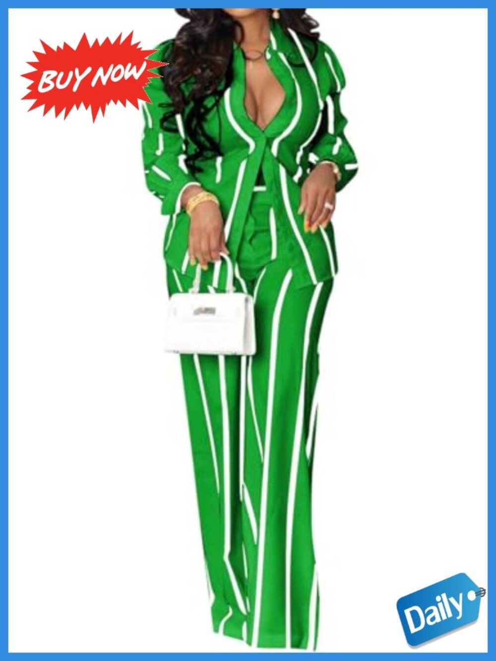 Women's Two Piece Striped Button Down Shirt and Wide Leg Pants Set - Spandex,